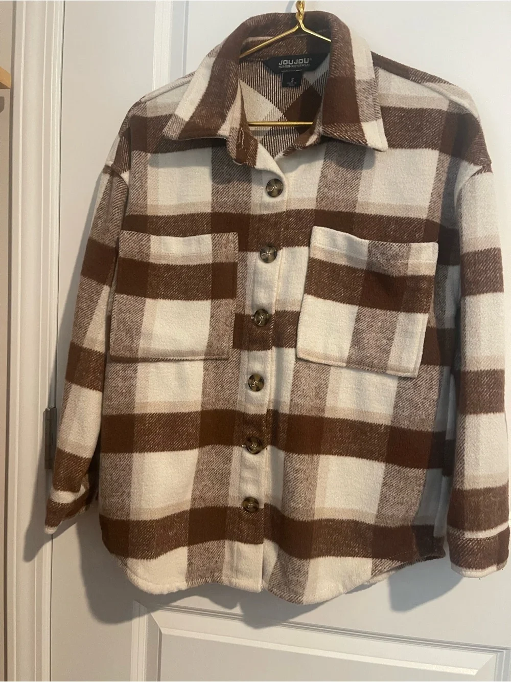 Jou Jou Women’s S Brown & Cream Plaid Button-Front Shacket 21 P-P 28L